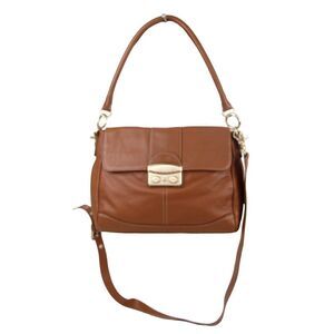 Nine West BROWN GENUINE LEATHER FLAP LOGO SHOULDER BAG HANDBAG HOBO PURSE